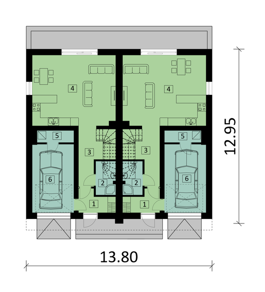 Projekt domu KA145 - rzut parteru, dom liczy 8 pokoje, 4 łazienki i wc