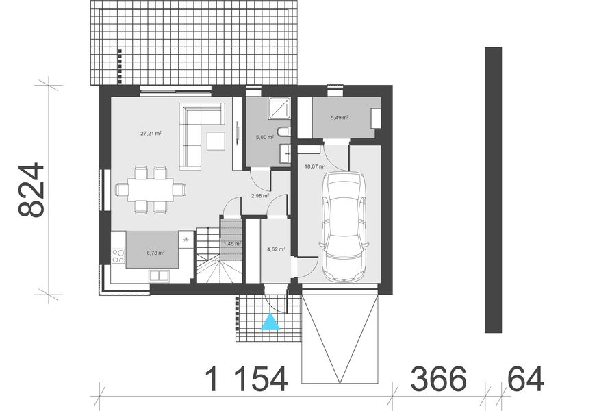 Projekt domu uA34v5 - rzut parteru, dom liczy 3 pokoje, 2 łazienki i wc