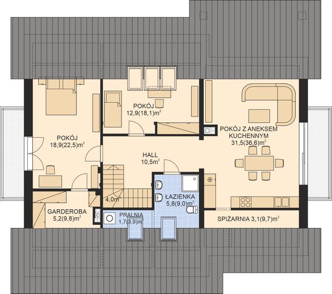 Poddasze projektu APS 326 wariant 2 dwurodzinny