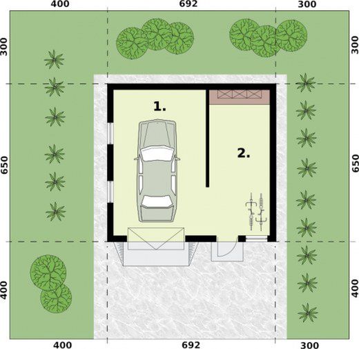Parter projektu G345 garaż jednostanowiskowy z pomieszczeniem gospodarczym