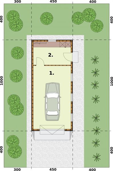 Parter projektu G340 szkielet drewniany garaż jednostanowiskowy z pomieszczeniem gospodarczym