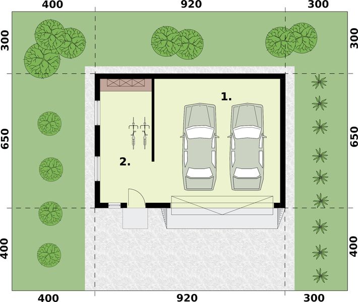 Parter projektu G296A garaż dwustanowiskowy z pomieszczeniem gospodarczym