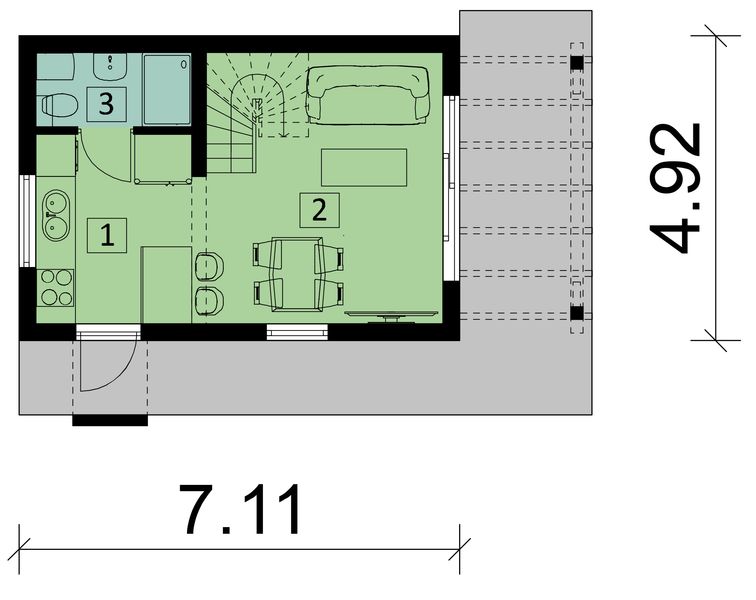 Projekt domu letniskowego KA146 SZ - rzut parteru, dom liczy 2 pokoje, 1 łazienki i wc
