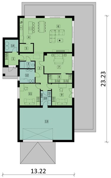 Projekt domu KA212 - rzut parteru, dom liczy 3 pokoje, 2 łazienki i wc