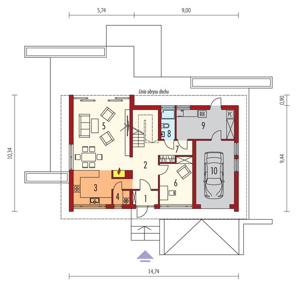 Projekt domu Benjamin G1 energo plus - rzut parteru, dom liczy 4 pokoje, 3 łazienki i wc