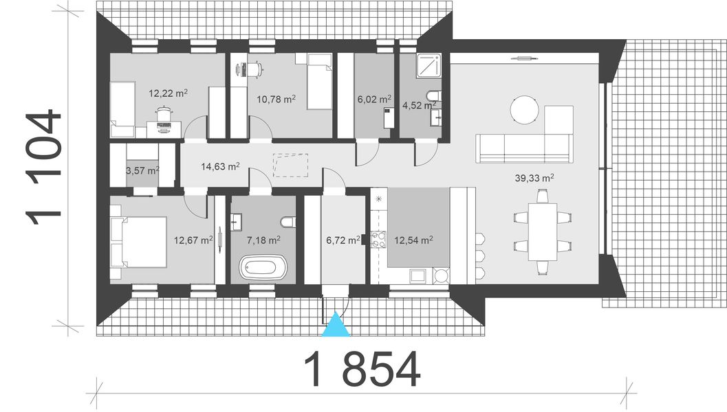 Projekt domu uA229 - rzut parteru, dom liczy 3 pokoje, 2 łazienki i wc