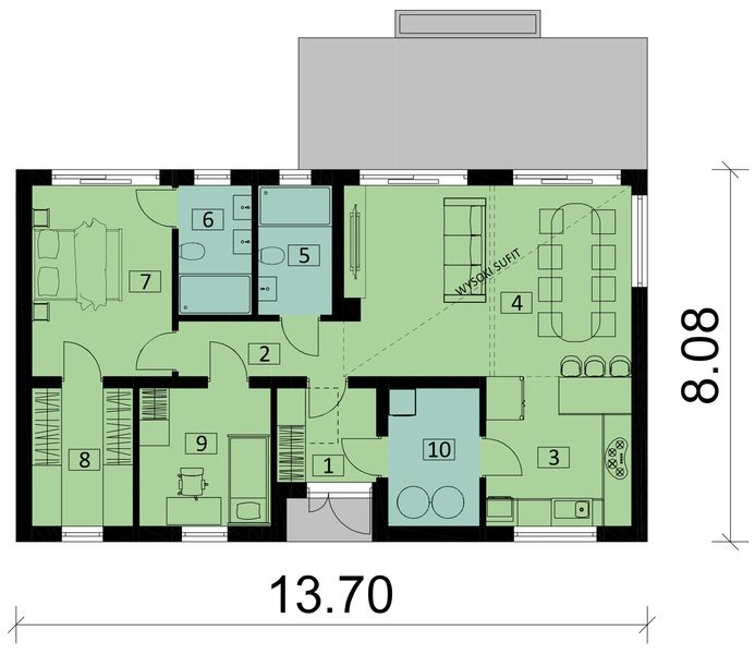 Projekt domu KA220 SZ - rzut parteru, dom liczy 2 pokoje, 2 łazienki i wc