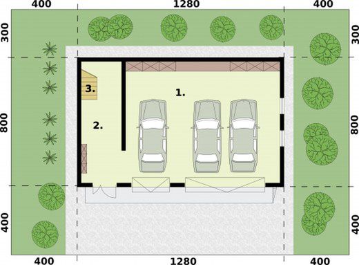 Parter projektu G355 garaż trzystanowiskowy z pom. gospodarczym i poddaszem użytkowym