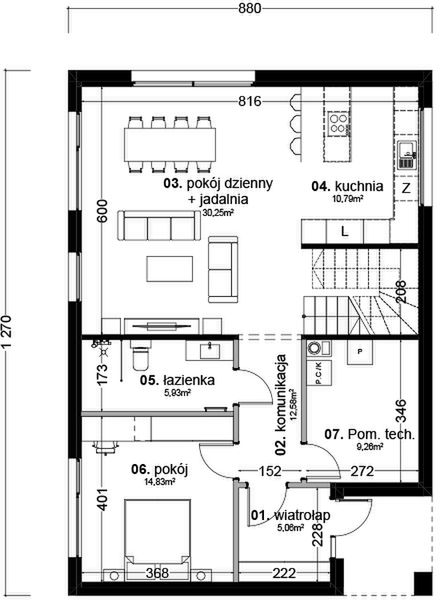 Parter projektu Dom prefabrykowany P.4 bez okapu