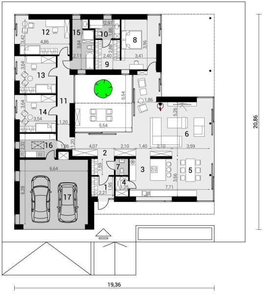 Projekt domu D21-18A G2 - rzut parteru, dom liczy 4 pokoje, 3 łazienki i wc