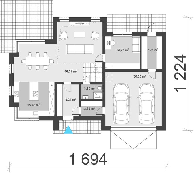 Projekt domu uA249 - rzut parteru, dom liczy 4 pokoje, 2 łazienki i wc