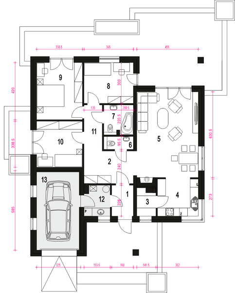 Parter projektu Kalcyt II z garażem 1-st. [A]