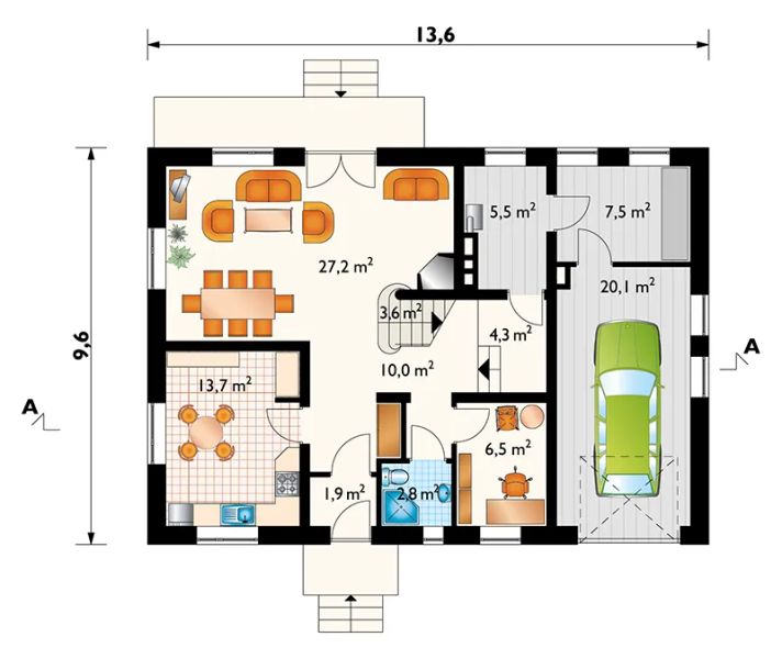Projekt domu Gwidon (273) - rzut parteru, dom liczy 5 pokoje, 2 łazienki i wc