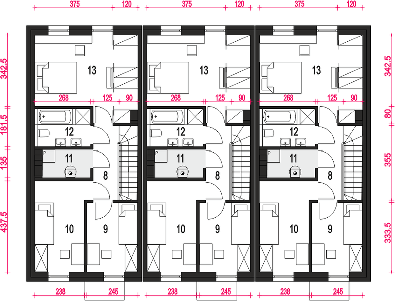 Piętro 1 projektu Agawa bez garażu szeregówka [B-SZ]