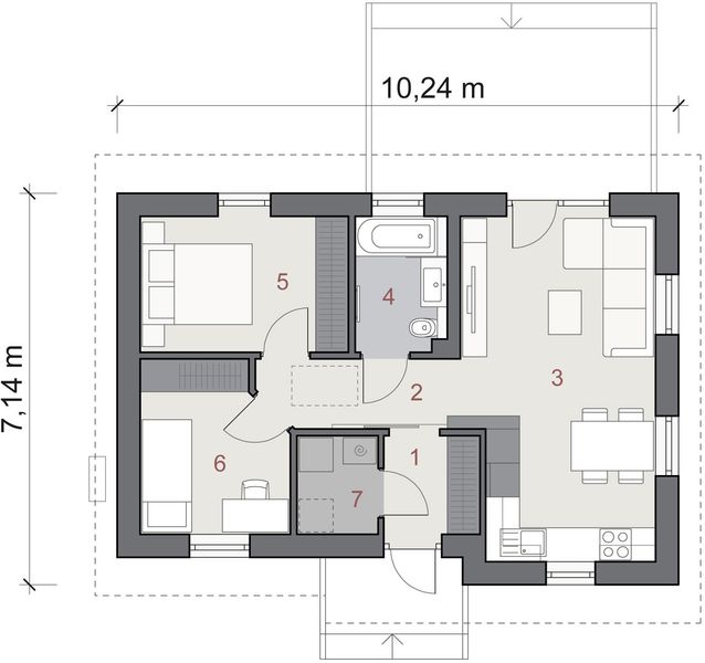 Projekt domu N31-BG - rzut parteru, dom liczy 2 pokoje, 1 łazienki i wc
