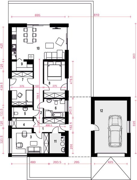 Parter projektu Pleszka II z garażem 1-st. [A]