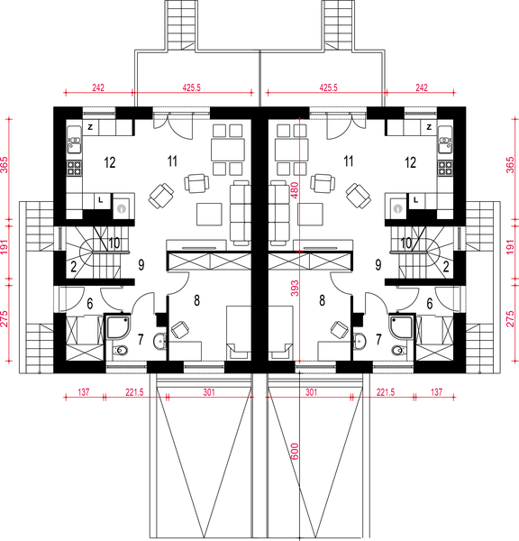 Parter projektu Grab z garażem 1-st. bliźniak [A1-ZBL1]