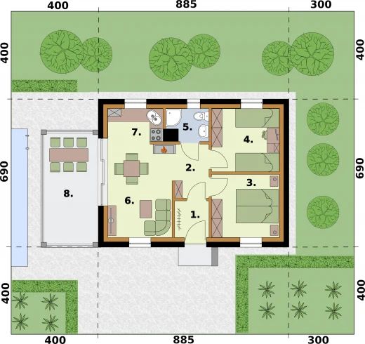 Projekt domu Lens 2 C szkielet drewniany dom mieszkalny, całoroczny - rzut parteru, dom liczy 2 pokoje, 1 łazienki i wc