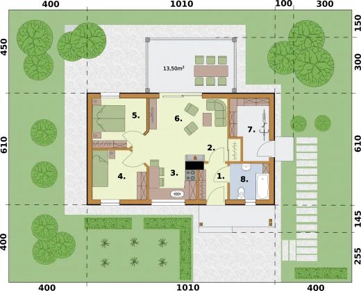 Projekt domu letniskowego Miami 2 szkielet drewniany dom letniskowy - rzut parteru, dom liczy 2 pokoje, 1 łazienki i wc