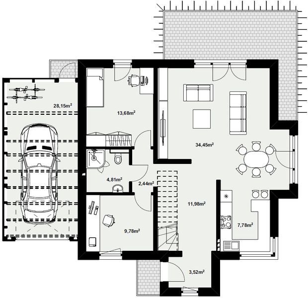 Parter projektu Dom murowany Diament z wiatą garażową