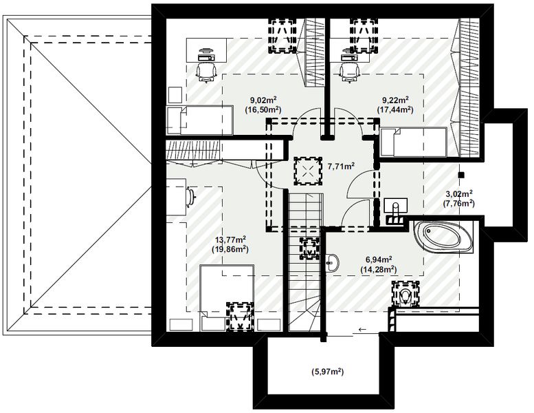 Poddasze projektu Dom murowany Diament z wiatą garażową