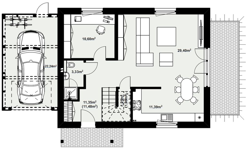 Parter projektu Dom murowany Perła z wiatą garażową