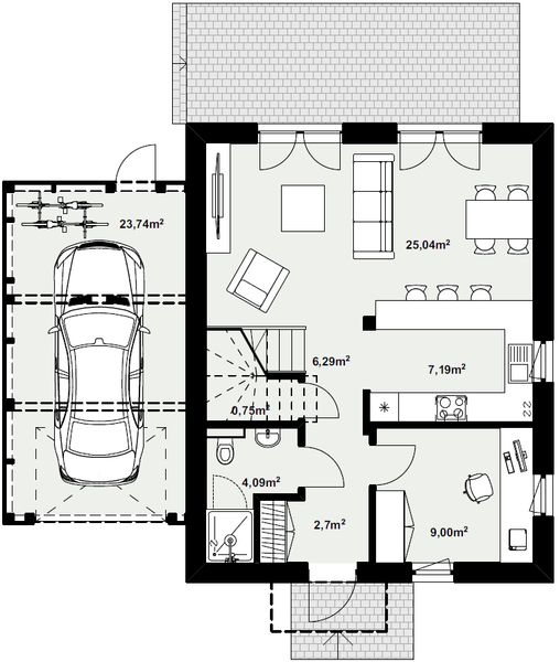 Parter projektu Dom murowany Rubin z wiatą garażową