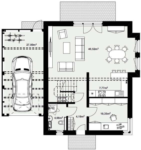 Parter projektu Dom murowany Szafir z wiatą garażową