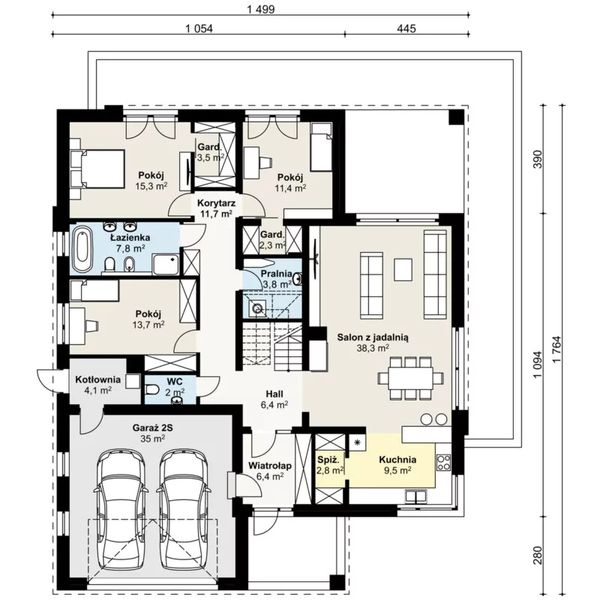 Parter projektu APS 401 wariant 2 z poddaszem ECO