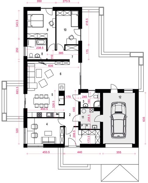 Parter projektu Słoneczna z garażem 1-st. [A]