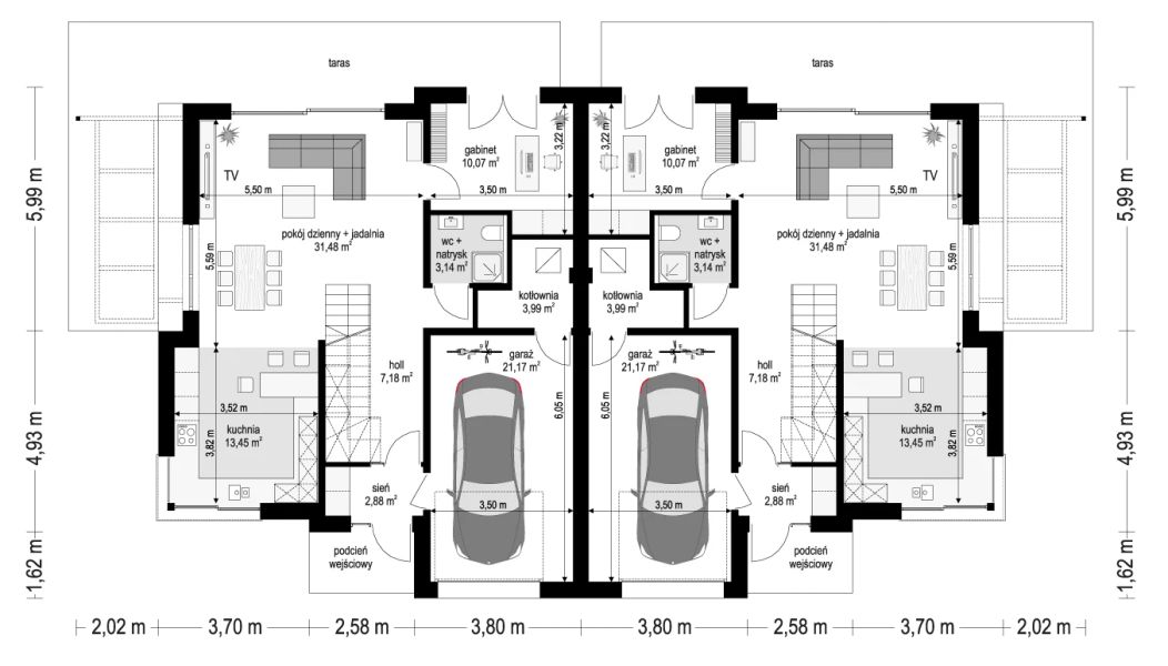 Projekt domu Qubik 3 wariant B - rzut parteru, dom liczy 10 pokoje, 6 łazienki i wc