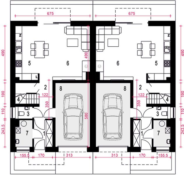 Parter projektu Aida z garażem 1-st. bliźniak [A-BL]