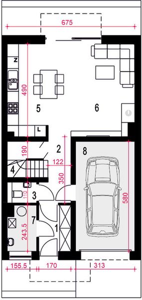 Parter projektu Aida z garażem 1-st. szeregówka [A-SZ]