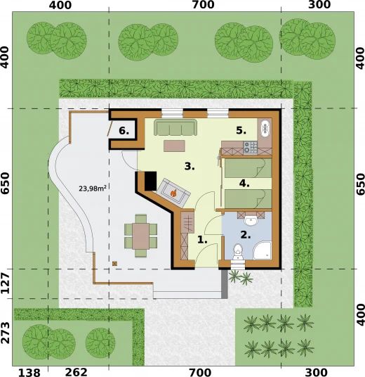 Projekt domu letniskowego Vigo szkielet drewniany dom letniskowy - rzut parteru, dom liczy 1 pokoje, 1 łazienki i wc