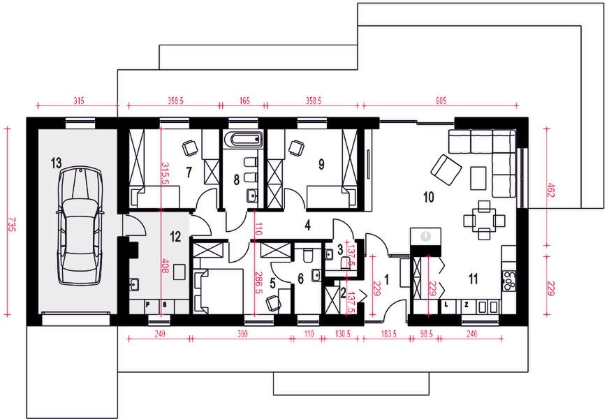 Parter projektu Żurawinka II z garażem 1-st. [A2]