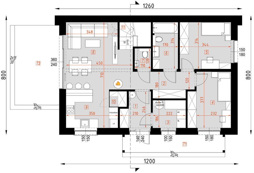Projekt domu D342 - rzut parteru, dom liczy 4 pokoje, 3 łazienki i wc