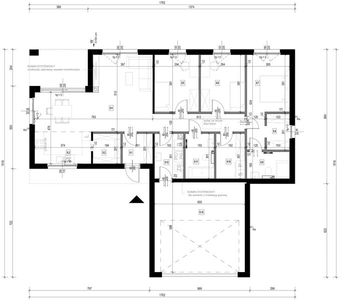 Parter projektu Dom prefabrykowany P.13 z dachem płaskim z garażem