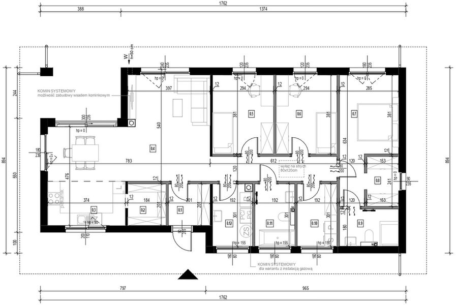 Parter projektu Dom prefabrykowany P.13 z dachem kopertowym bez garażu