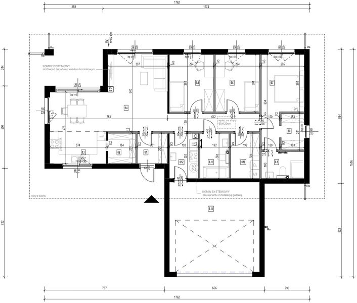 Parter projektu Dom prefabrykowany P.13 z dachem kopertowym z garażem