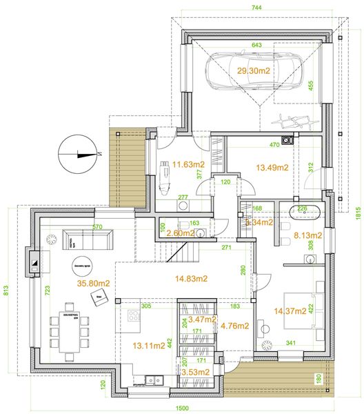 Projekt domu eko Typowy 63 - rzut parteru, dom liczy 4 pokoje, 3 łazienki i wc