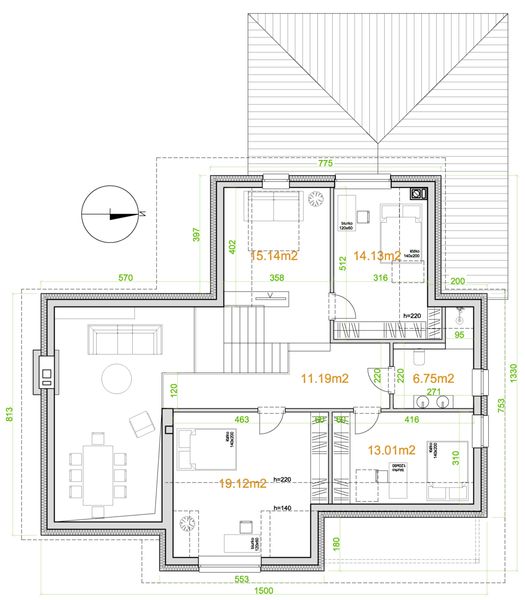 Projekt domu eko Typowy 63 - rzut poddasza, dom liczy 4 pokoje, 3 łazienki i wc