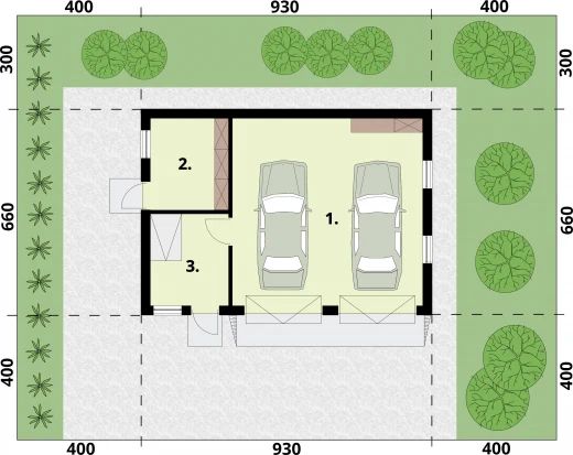 Projekt garażu G356 garaż dwustanowiskowy - rzut parteru, dom liczy 0 pokoje, 0 łazienki i wc
