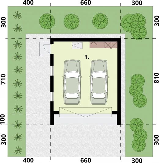 Projekt garażu G358 garaż dwustanowiskowy - rzut parteru, dom liczy 0 pokoje, 0 łazienki i wc