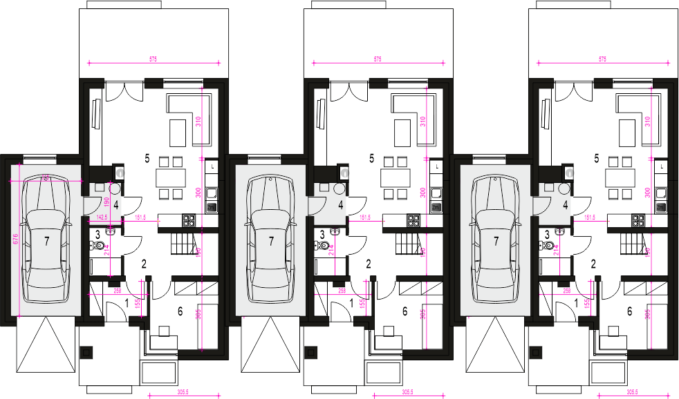 Parter projektu Gabi z garażem 1-st. szeregówka [A-SZ]