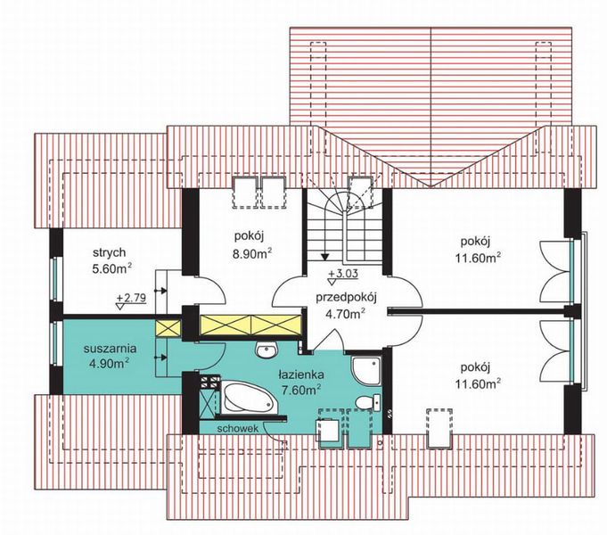 Poddasze projektu BW-36 wariant 18 z zadaszonym tarasem (niskoemisyjny)