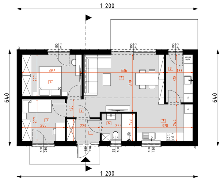 Projekt domu DM1 - wersja drewniana - rzut parteru, dom liczy 2 pokoje, 1 łazienki i wc