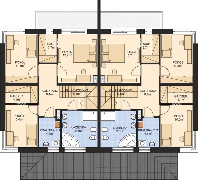 Piętro 1 projektu APS 307 wariant 2 dwulokalowy