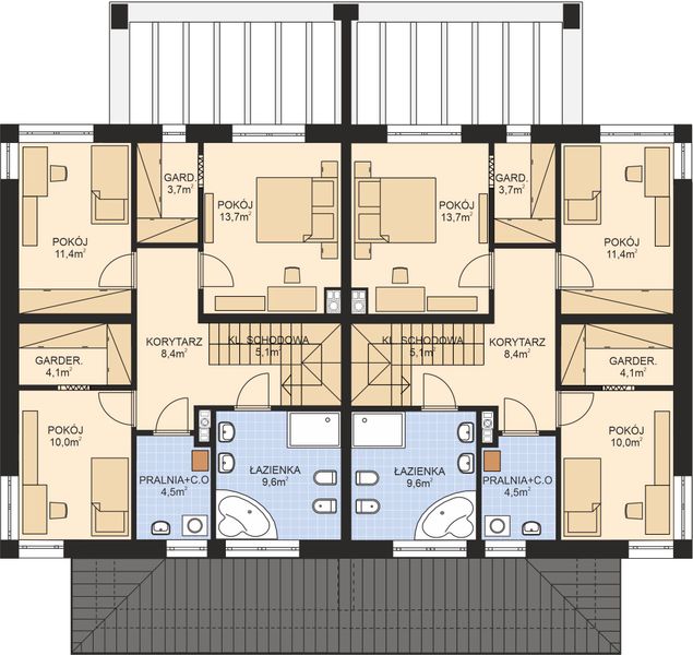 Piętro 1 projektu APS 307 wariant 3 dwulokalowy