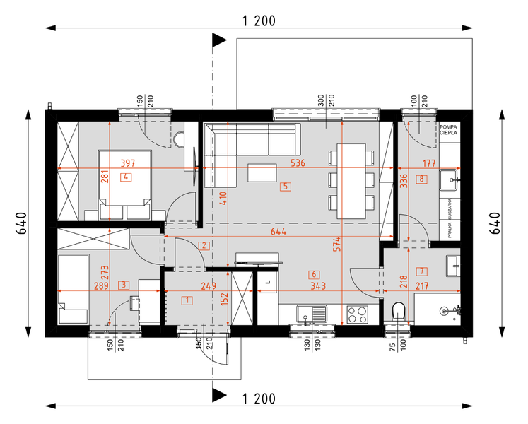Projekt domu DM2 wersja drewniana - rzut parteru, dom liczy 2 pokoje, 1 łazienki i wc