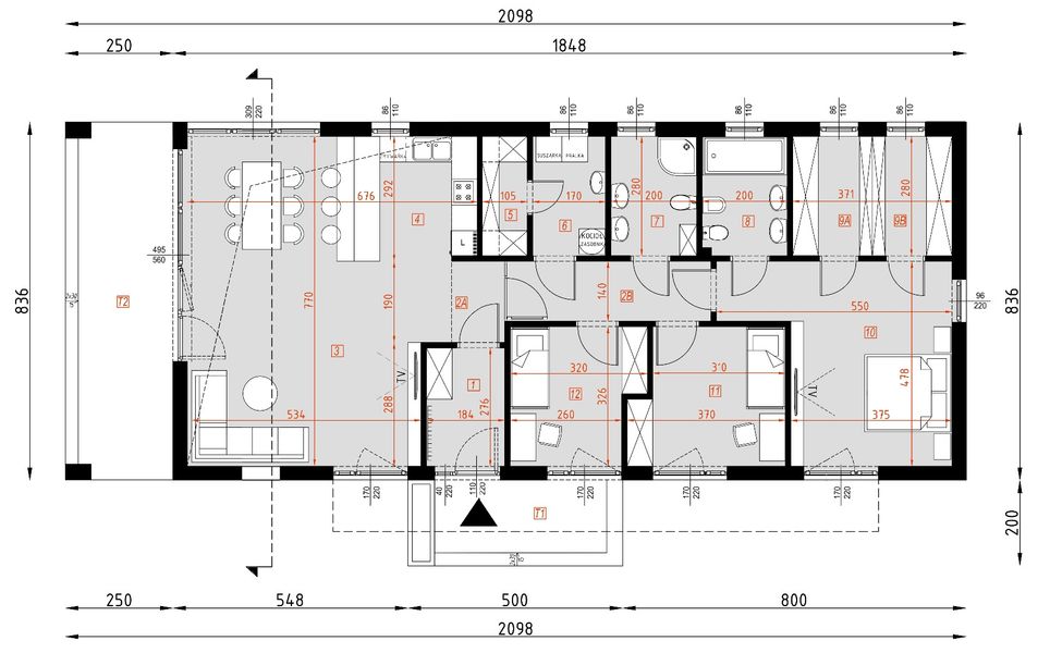Projekt domu D322D wersja drewniana - rzut parteru, dom liczy 3 pokoje, 2 łazienki i wc